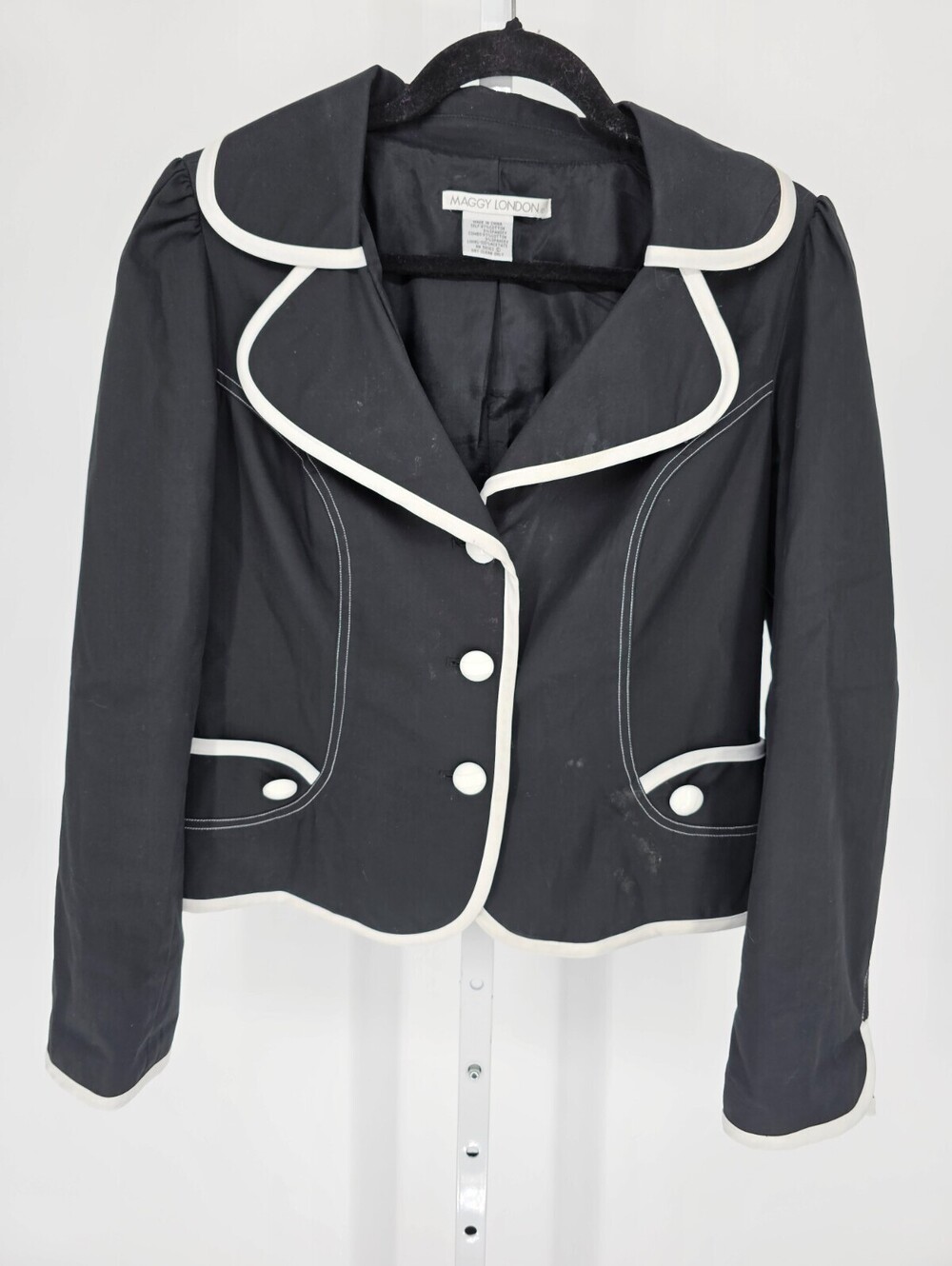 Vintage Maggy London Womens Sz L Button Up Blazer Jacket Black w/ white Trim - Picture 1 of 4